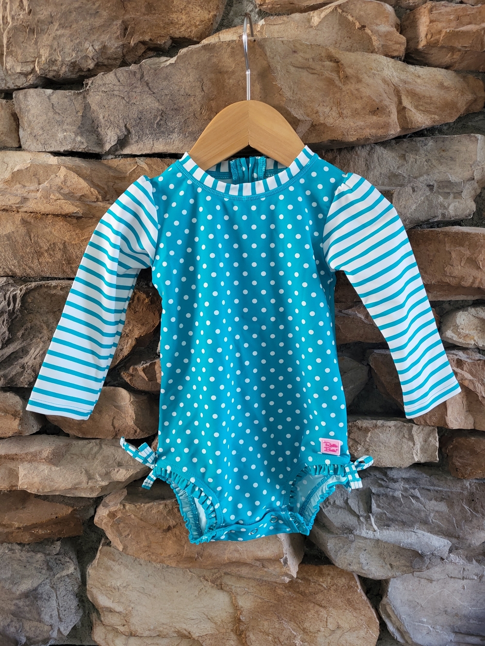Ruffle Butts Teal Polka Dot & Stripe Long Sleeve Swimsuit 18-24m